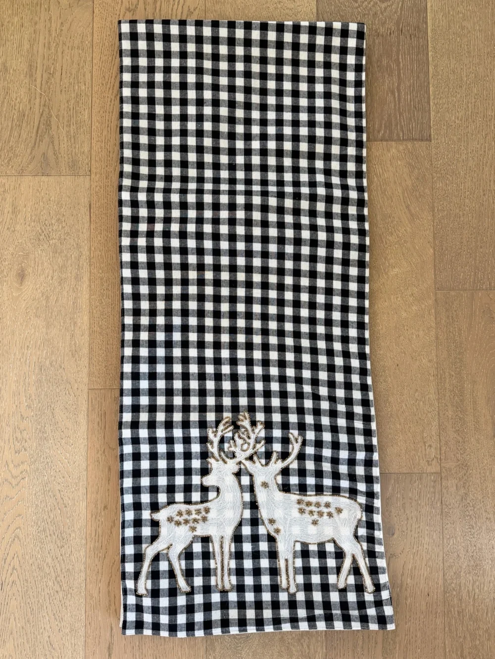 Black White Buffalo Check Beaded Reindeer Christmas Table Runner